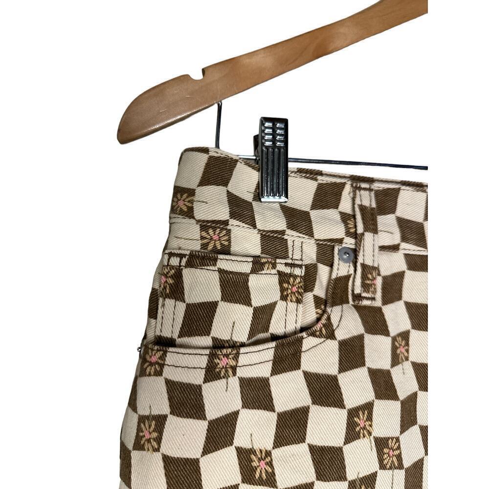 Madewell Women's Floral Checked Cotton Denim Mini Skirt Size 28 Brown Cream - Picture 2 of 7